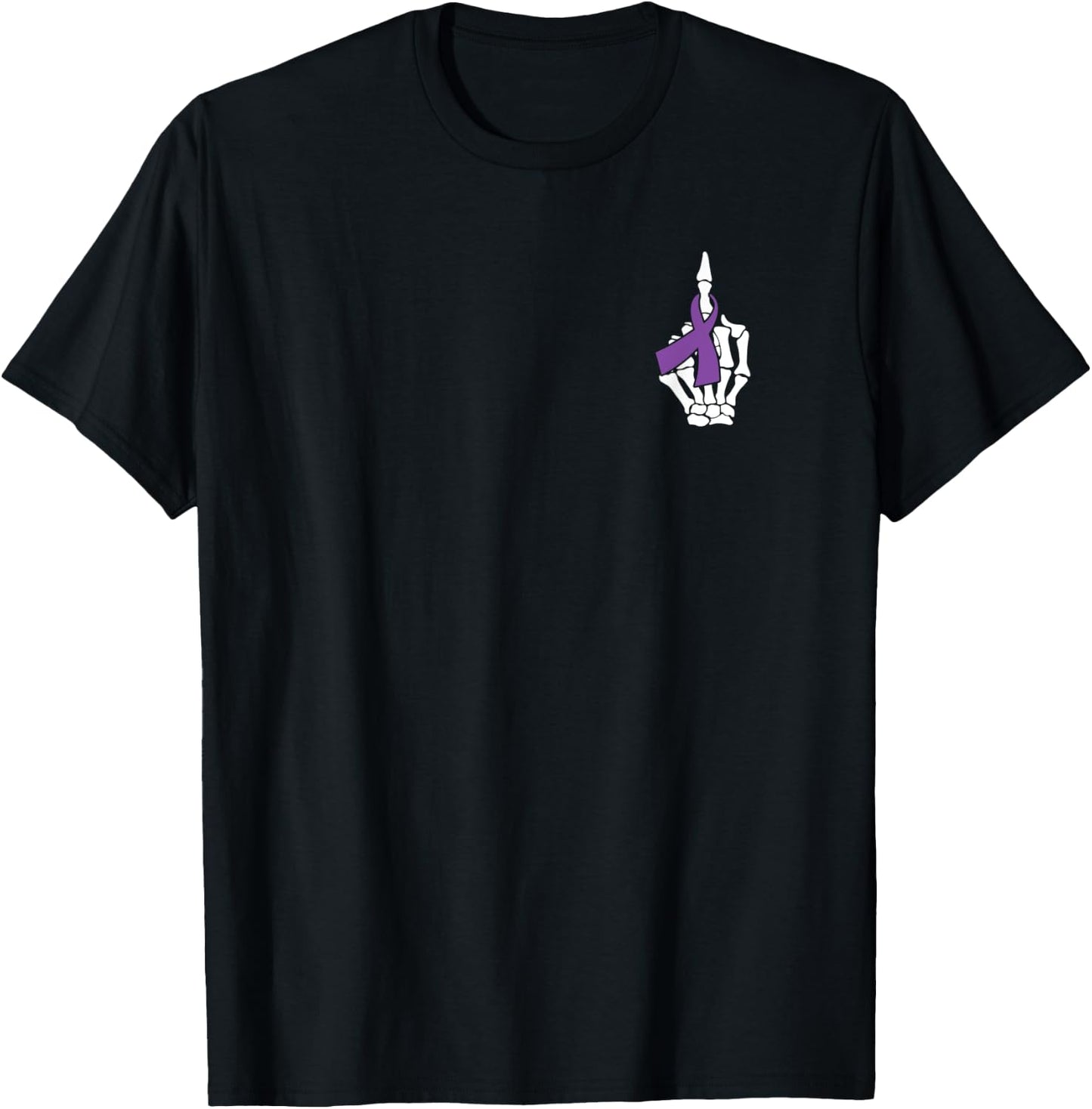 Fuck Pancreatic Cancer Skeleton Middle Finger Purple Ribbon T-Shirt - T-Shirt | Black