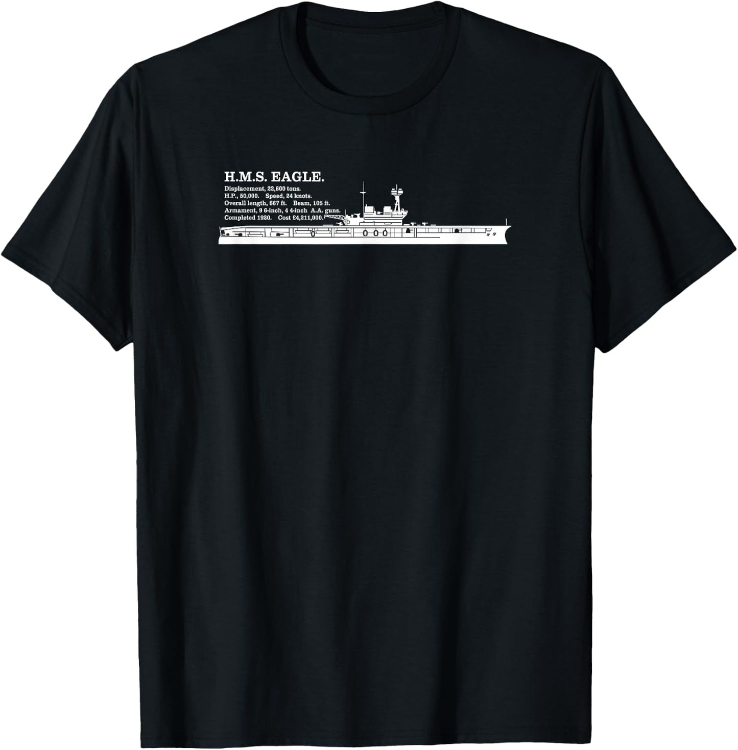 HMS Eagle British WW2 Aircraft Carrier Infographic T-Shirt - T-Shirt | Black
