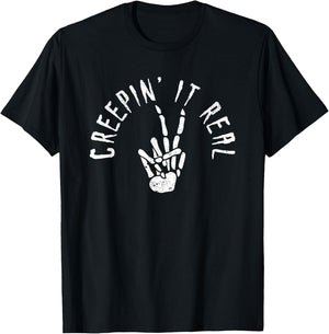 Creepin' It Real Funny Halloween Skeleton Bone Hand Sign T-Shirt - T-Shirt | Black