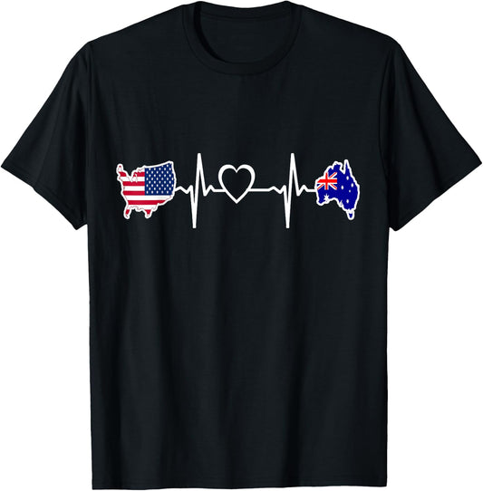 Australia American USA Flag - USA Australian Heartbeat T-Shirt - T-Shirt | Black
