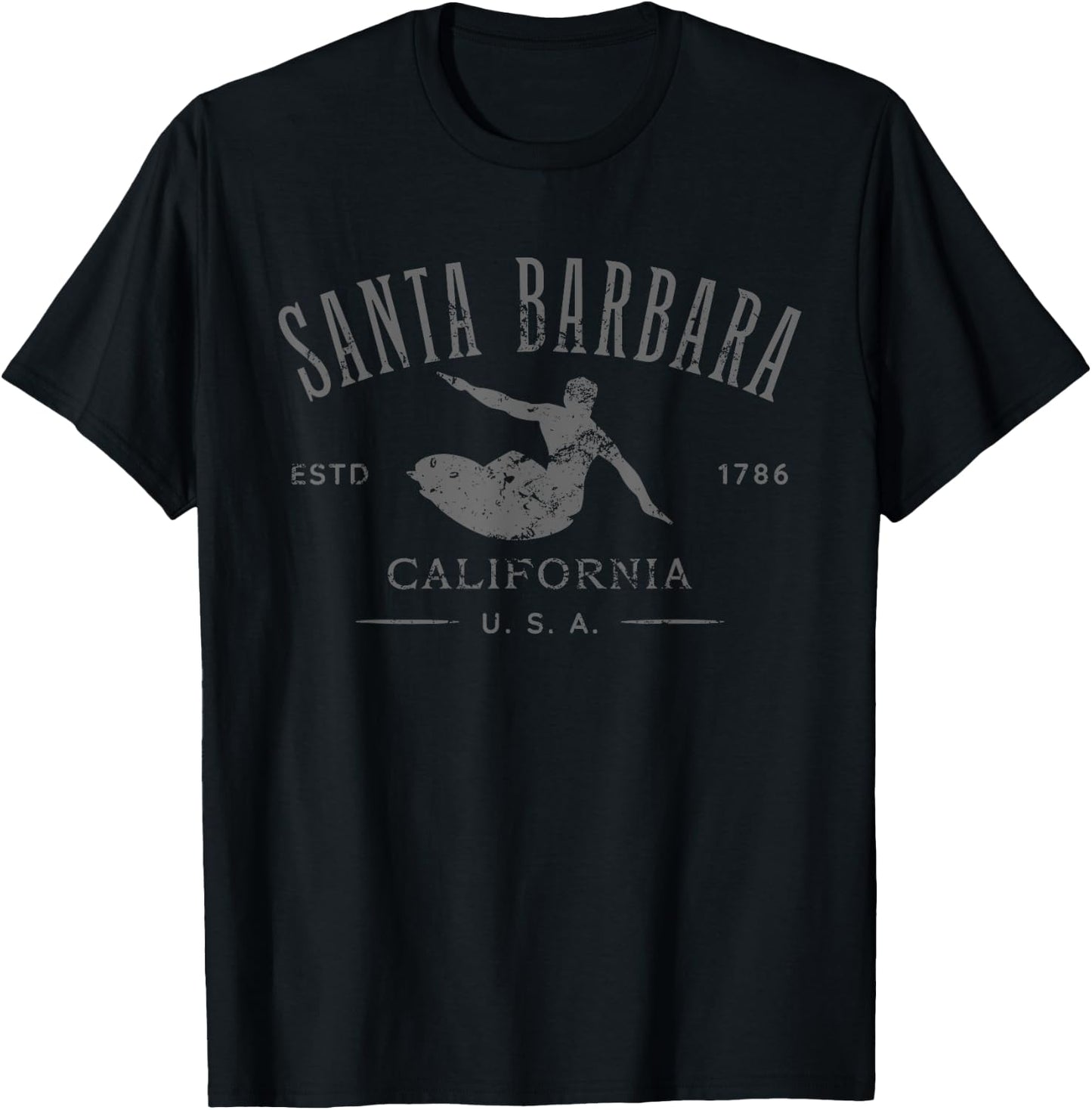 Santa Barbara California Surf Distressed Design T-Shirt - T-Shirt | Black