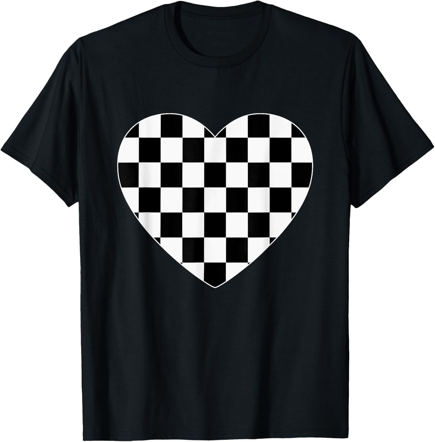 Checkered Love Heart Black White Cute Chess Game Women Men T-Shirt - T-Shirt | Black