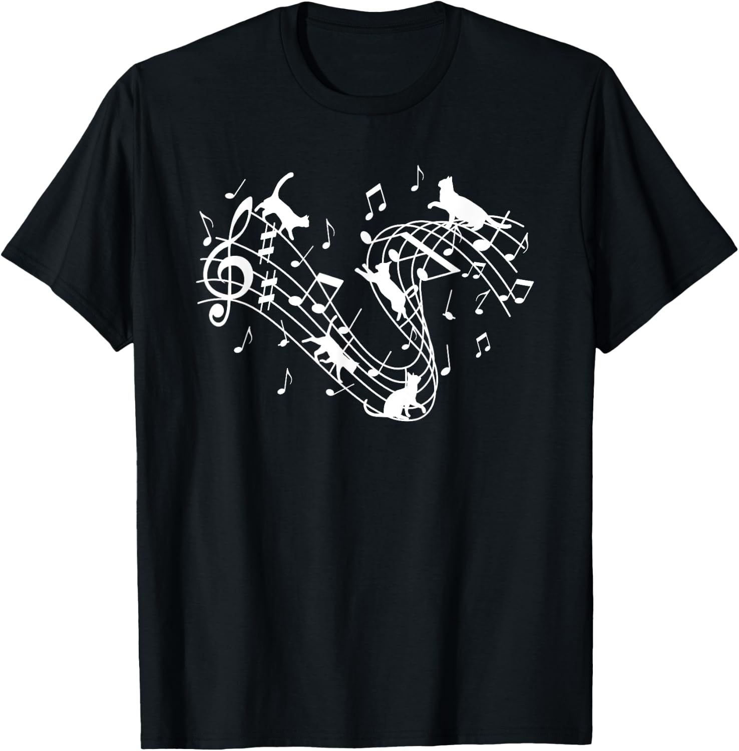 Cute Cat Lover Kitty Playing Music Note Clef Musician Music Men Women Girls Kids T-Shirt - T-Shirt | Black