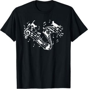 Cute Cat Lover Kitty Playing Music Note Clef Musician Music Men Women Girls Kids T-Shirt - T-Shirt | Black