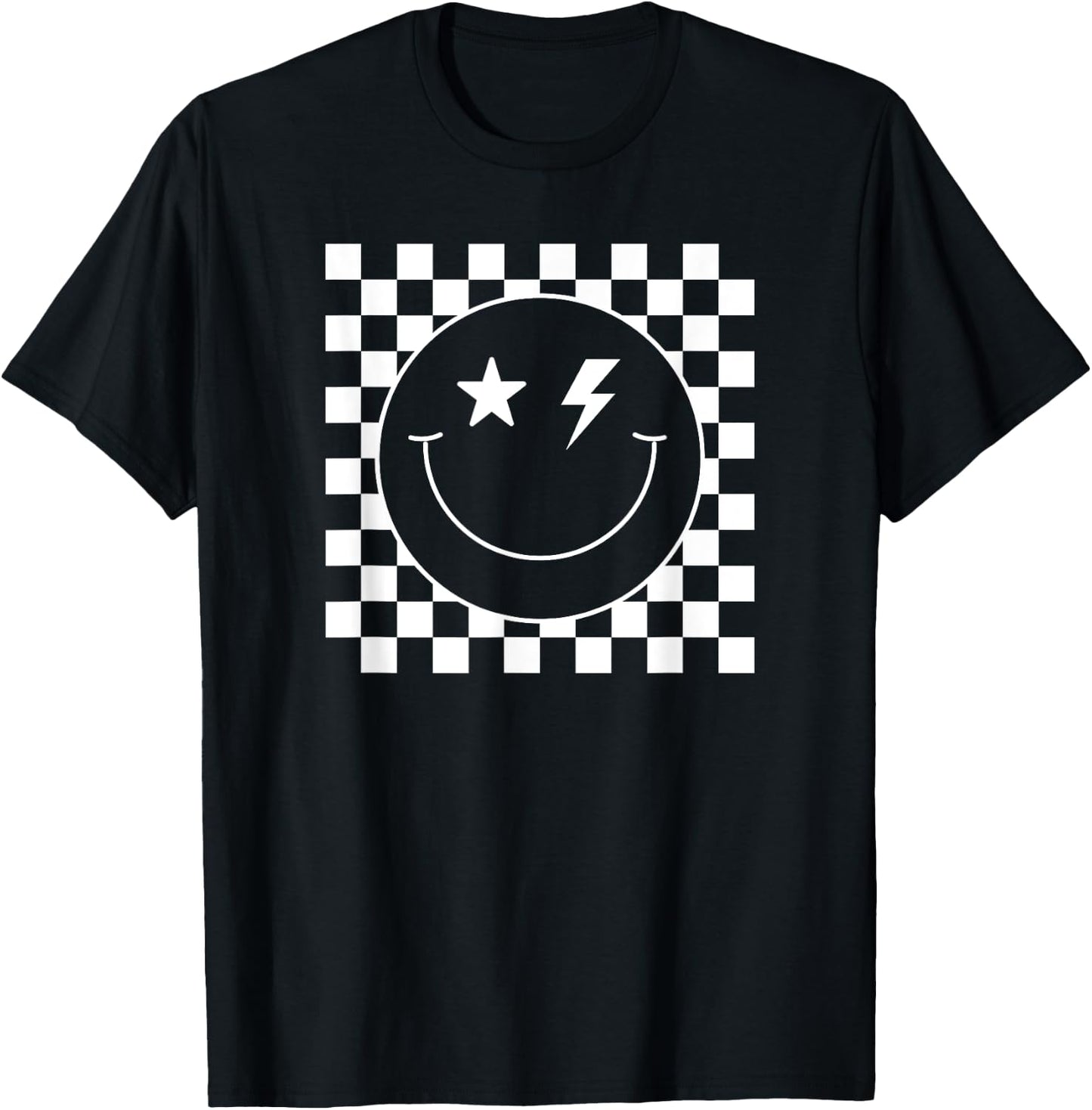 Checkered Lightning Eyes Smile Face Shirt Happy Face Cute T-Shirt - T-Shirt | Black