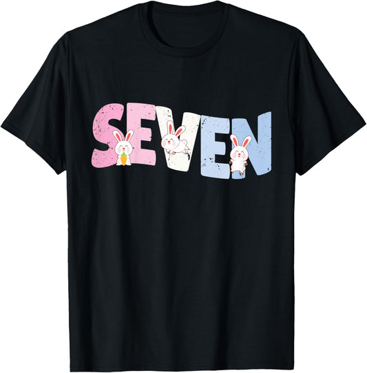 Kids 7 Year Old Cute Rabbit Birthday Girl 7th B-day T-Shirt - T-Shirt | Black