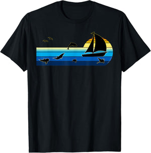 Nautical Sunrise Sailboat with Dolphins Beach Summer Sailing Women Kids T-Shirt - T-Shirt | Black
