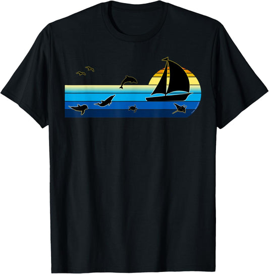Nautical Sunrise Sailboat with Dolphins Beach Summer Sailing Women Kids T-Shirt - T-Shirt | Black