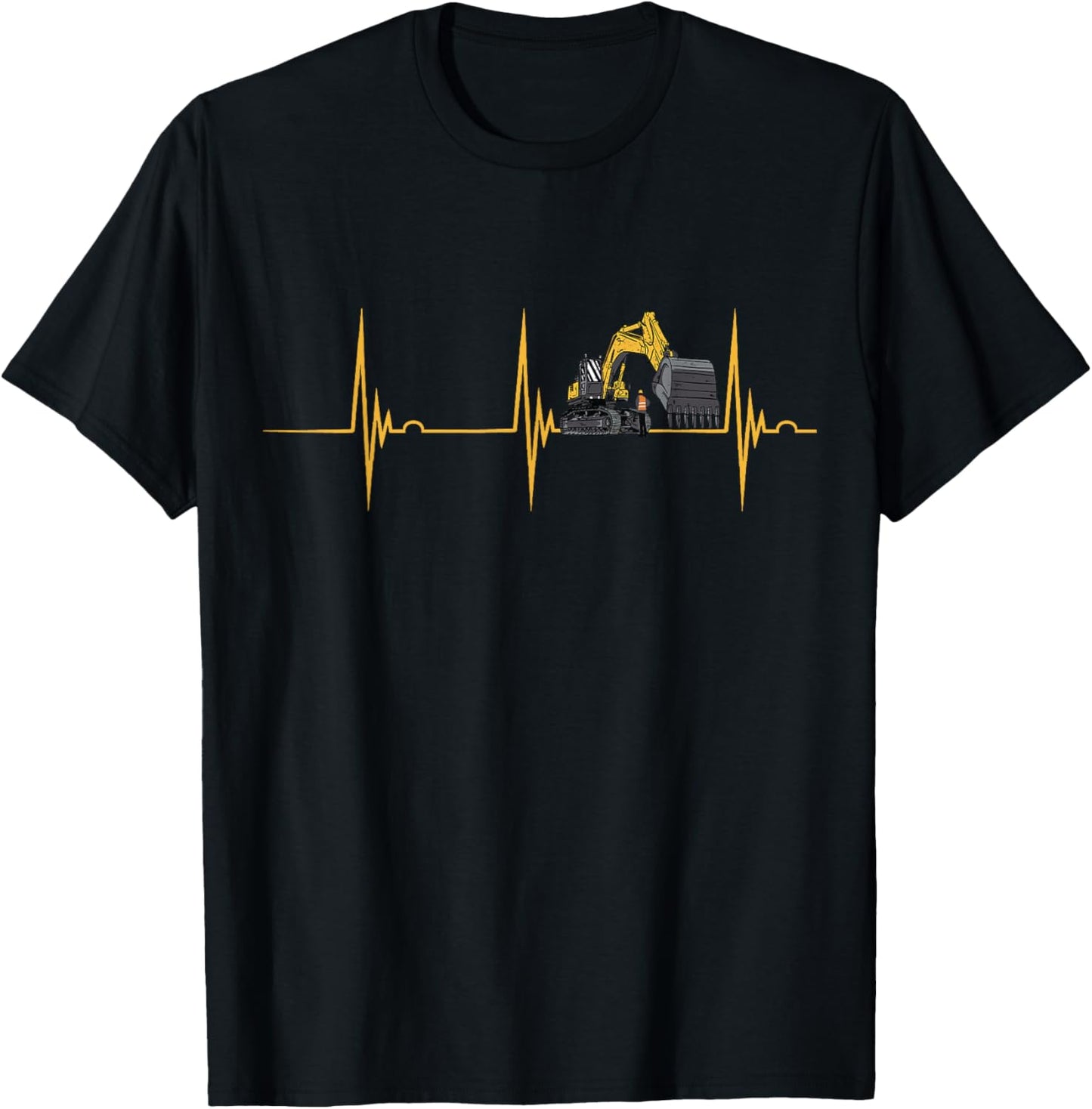 Excavator Heartbeat EKG Pulse Construction Vehicle Backhoe T-Shirt - T-Shirt | Black