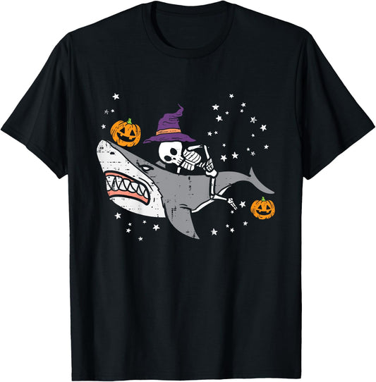 Kids Skeleton On Shark Cute Halloween Costume Toddler Boys Kids T-Shirt - T-Shirt | Black