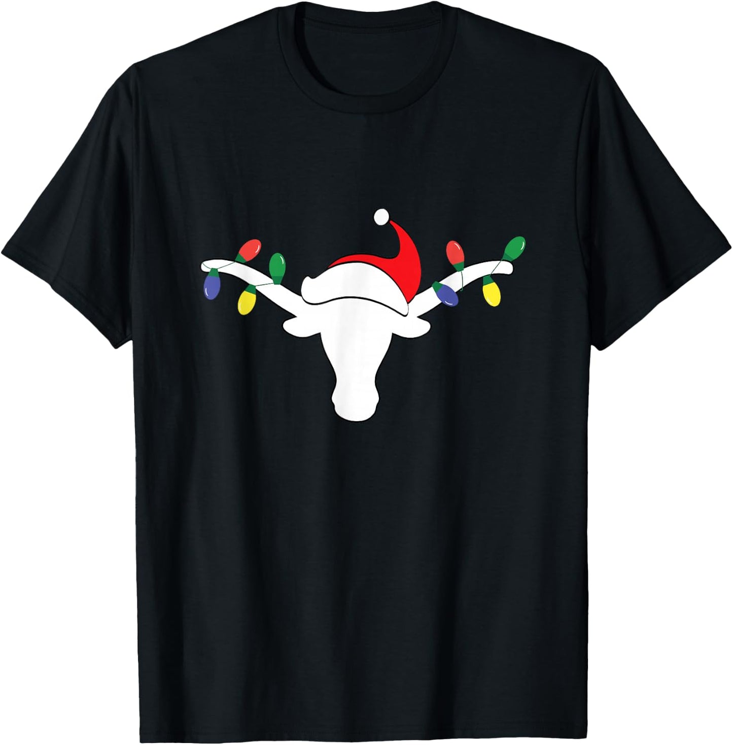 White Longhorn Christmas Lights Santa hat Horn Antlers T-Shirt - T-Shirt | Black