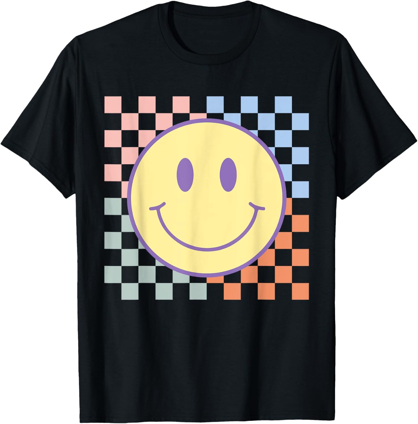 Retro Happy Face Shirt Checkered Pattern Smile Face Trendy T-Shirt - T-Shirt | Black
