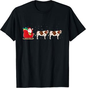 Cow Santa Christmas Sleigh - Funny Cow Xmas T-Shirt - T-Shirt | Black