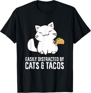 Easily Distracted By Cats And Tacos T-Shirt - T-Shirt | Black