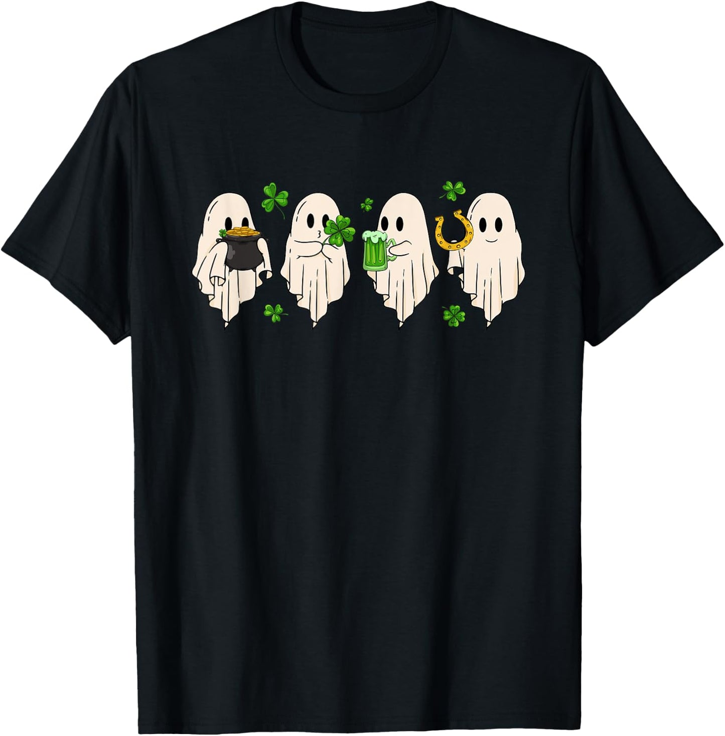 Cute Ghost Hold Clover Beer Spooky St Patrick's Day T-Shirt - T-Shirt | Black