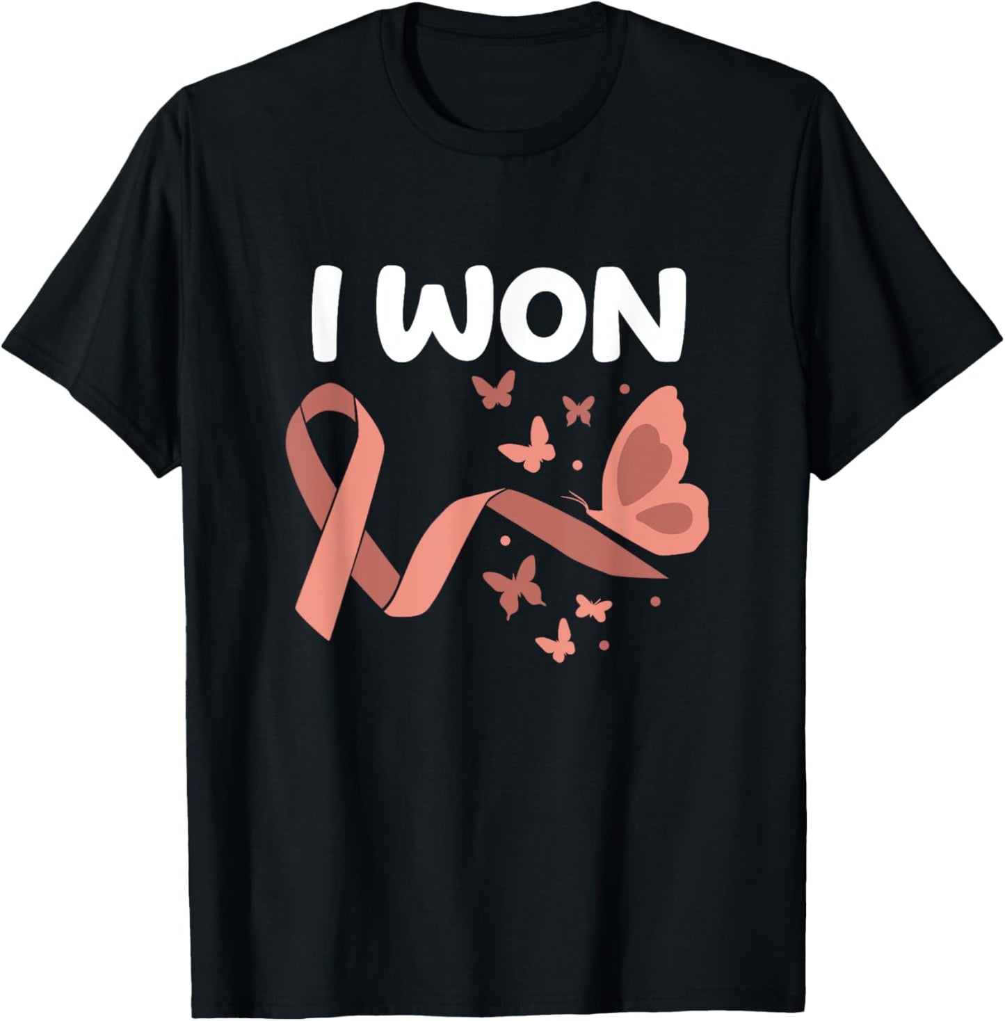 Peach Ribbon For Endometrial Cancer Awareness I Won! Endometrial Cancer Survivor. Butterflies Version Women's Black Cotton Polyester Blend Classic Fit Short Sleeve - Small T-Shirt - T-Shirt | Black