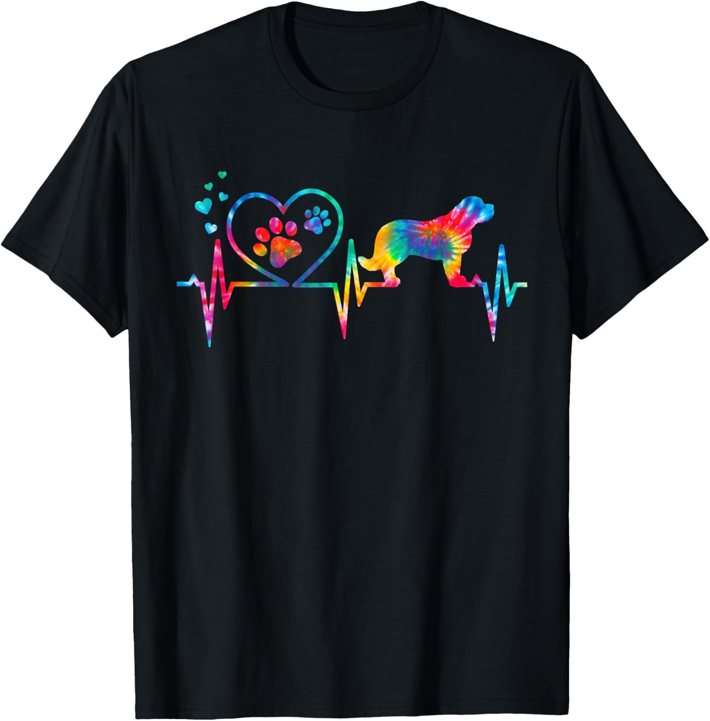 Saint Bernard Tie Dye Heartbeat Love Dog Funny T-Shirt - T-Shirt | Black
