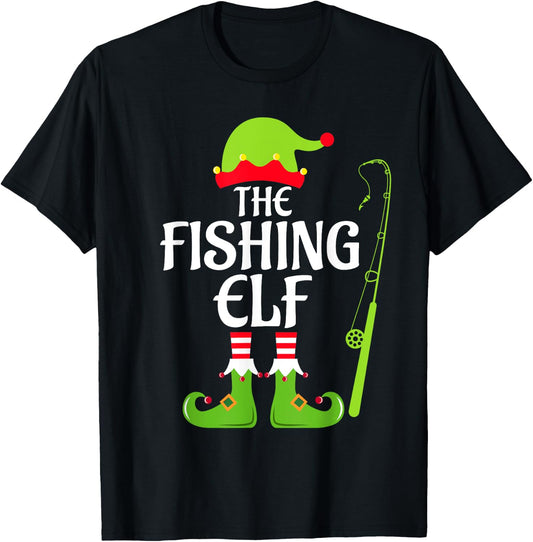 Fishing Elf Matching Family Group Christmas Party Xmas Funny T-Shirt - T-Shirt | Black