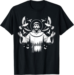 St Francis of Assisi Patron Saint of Animals Birds Catholic T-Shirt - T-Shirt | Black