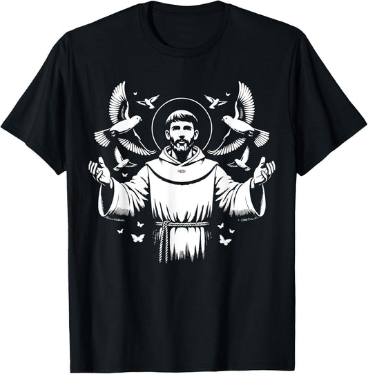 St Francis of Assisi Patron Saint of Animals Birds Catholic T-Shirt - T-Shirt | Black