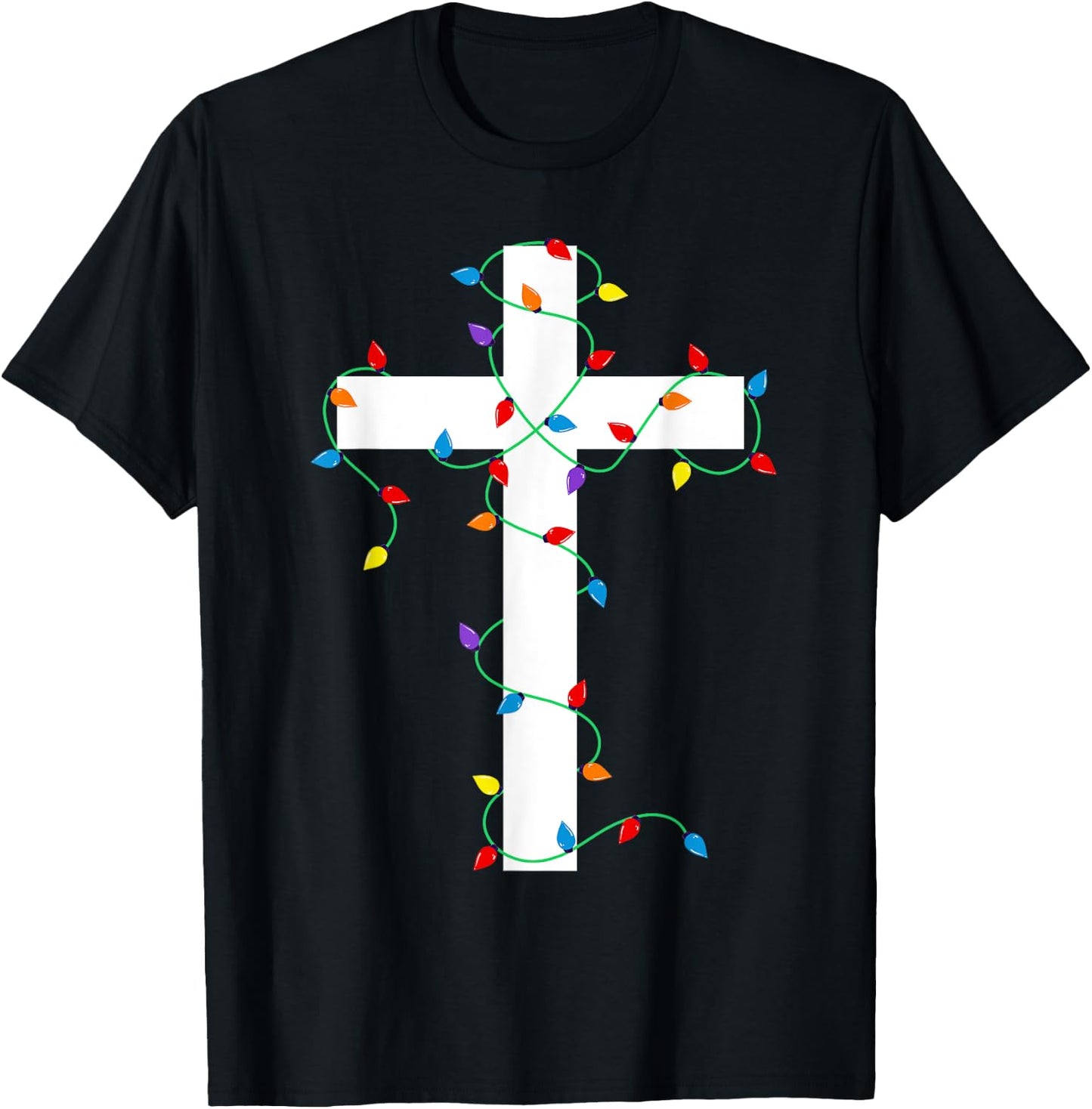 Merry and Bright Christmas Lights Jesus Cross Minimalist T-Shirt - T-Shirt | Black