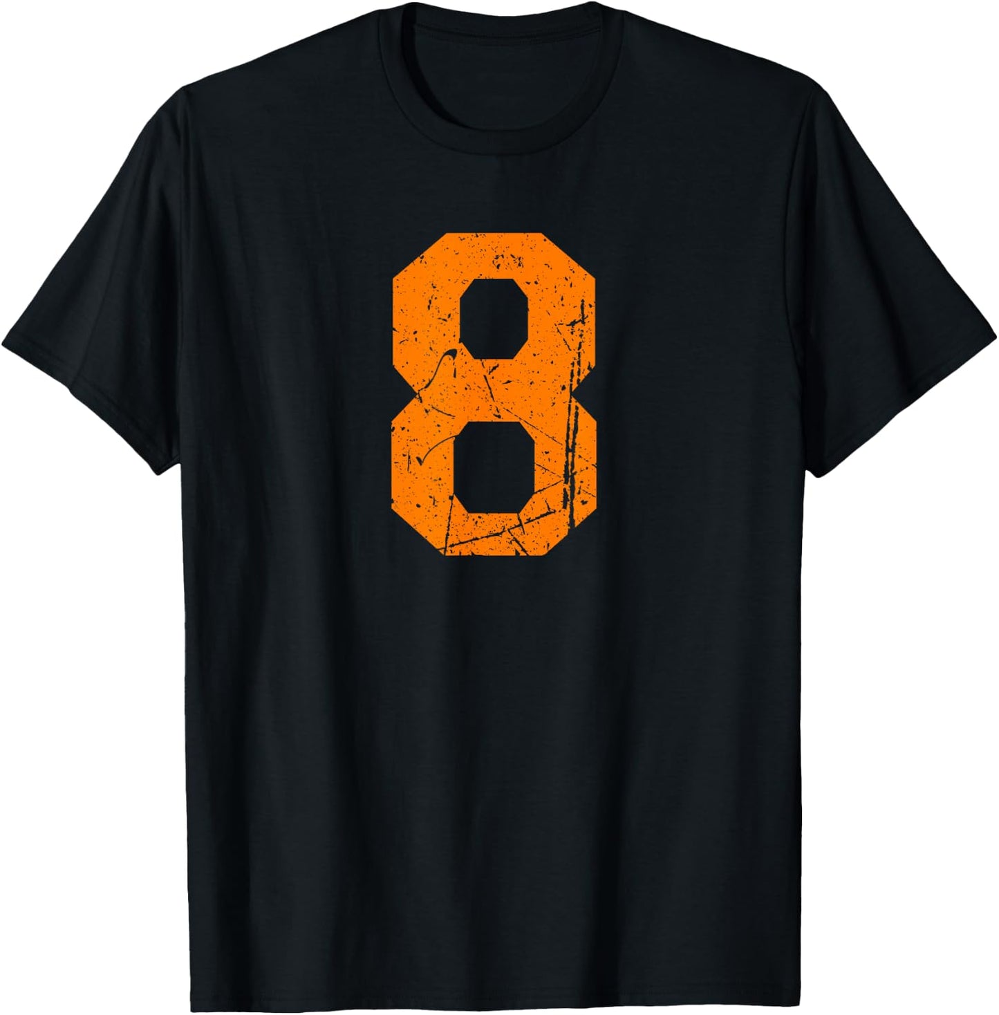 Number #8 Orange Distressed Sport Number T-Shirt - T-Shirt | Black