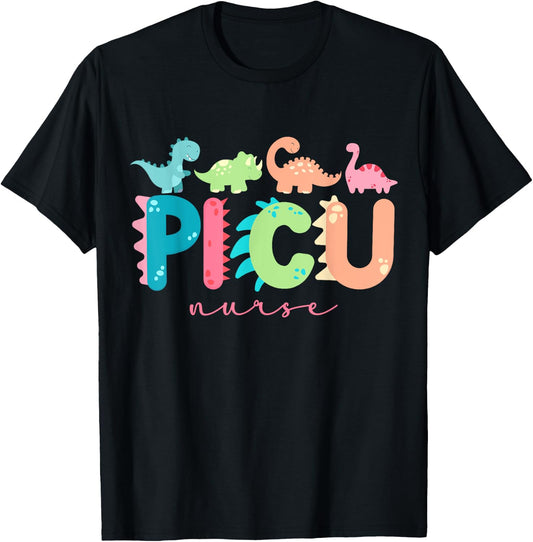 PICU Nurse Dinosaurs Pediatric Animal PICU Squad PEDS Nurse T-Shirt - T-Shirt | Black