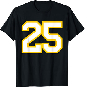 Number #25 Yellow/White Sports Number T-Shirt - T-Shirt | Black