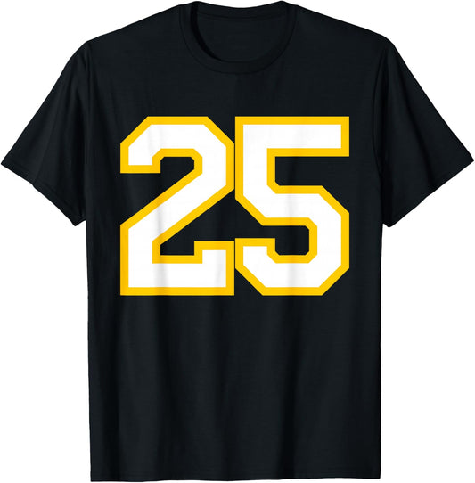 Number #25 Yellow/White Sports Number T-Shirt - T-Shirt | Black