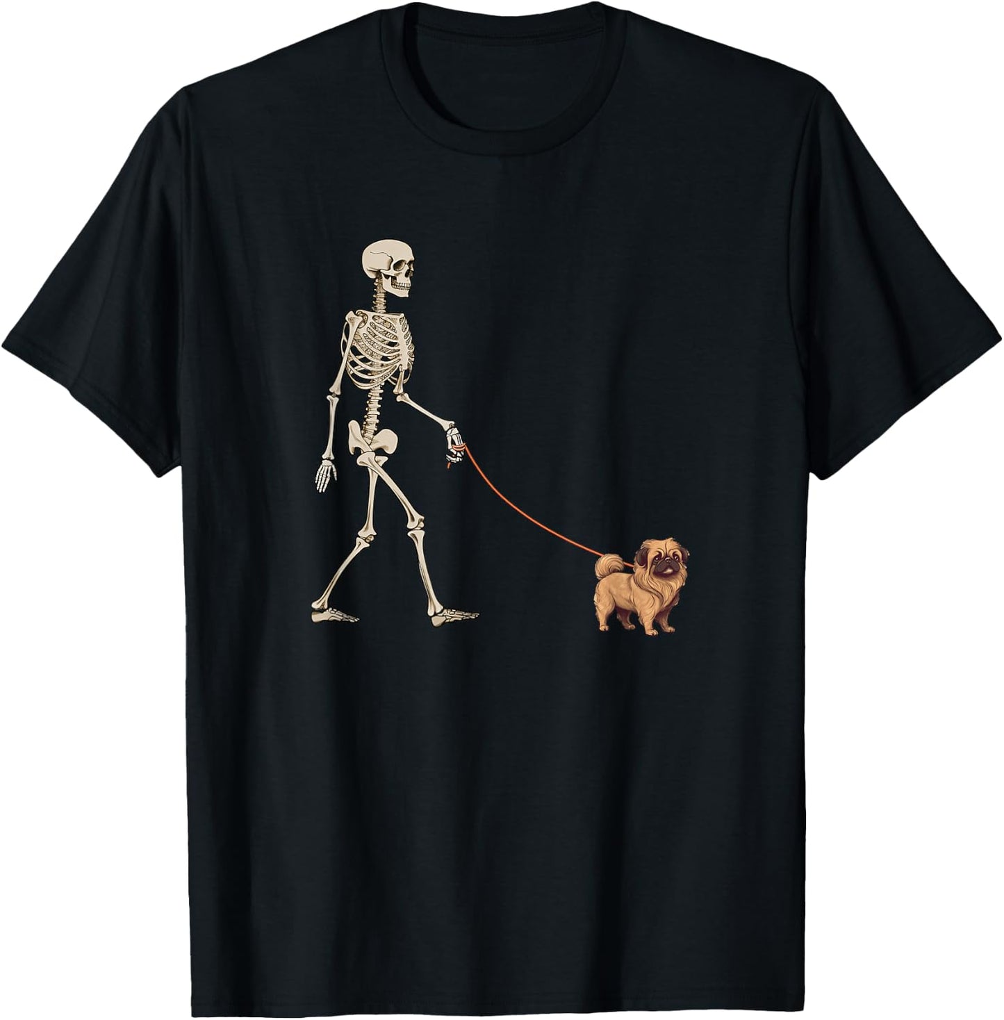 Funny Pekingese Skeleton Dog Walking Halloween Dog T-Shirt - T-Shirt | Black