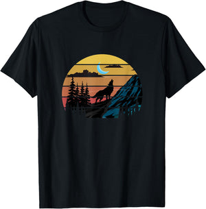Retro Wolf Mountains Moon | Forest Nature | Wildlife T-Shirt - T-Shirt | Black