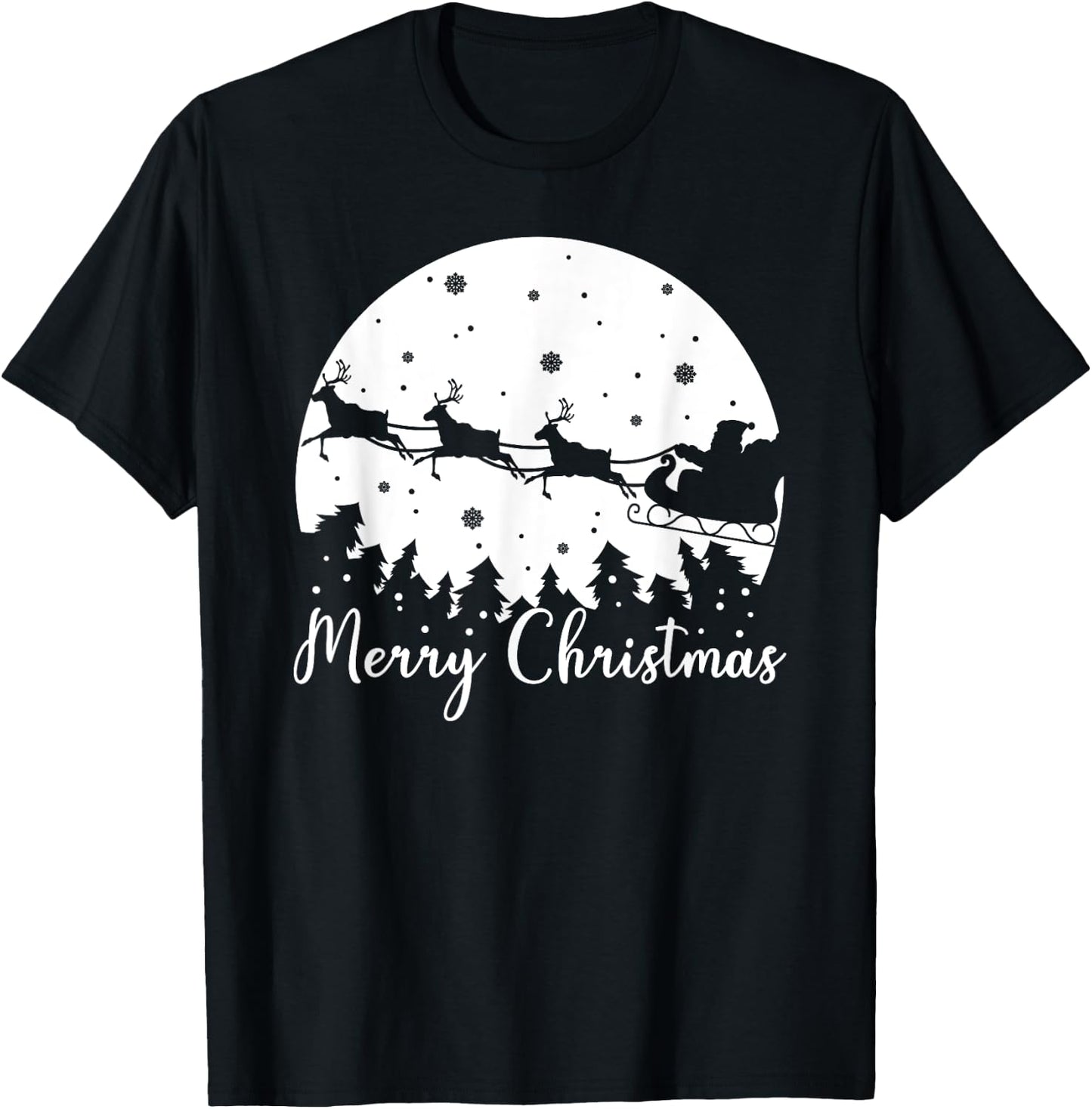 Merry Christmas, Men Women Kids, Santa Sleigh Reindeer T-Shirt - T-Shirt | Black