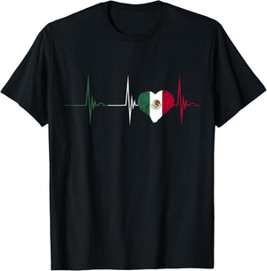 Mexican Flag Cardiogram Heartbeat EKG Pulse Heart Mexico T-Shirt - T-Shirt | Black