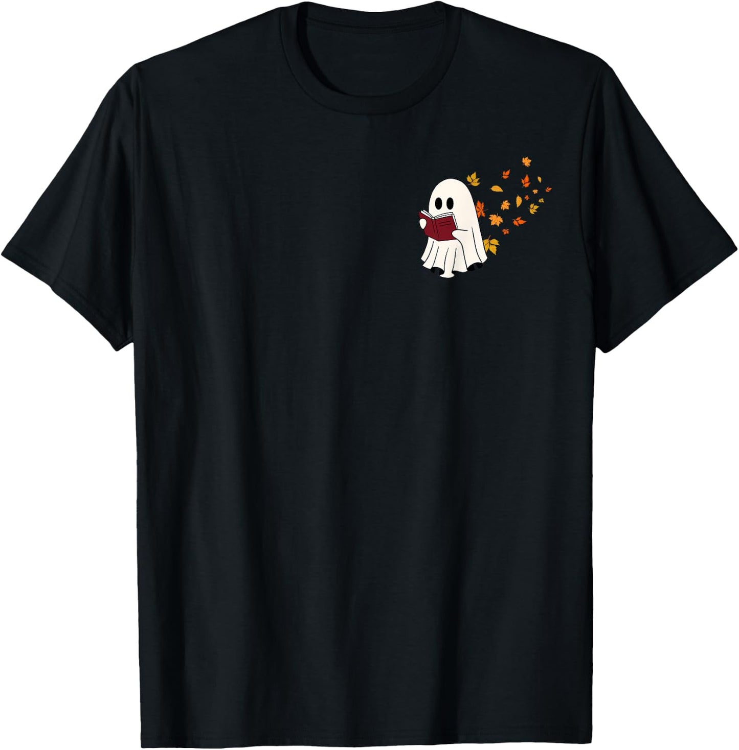 Cute Little Ghost Reading Book Under Fall Leaves Women Men T-Shirt - T-Shirt | Black