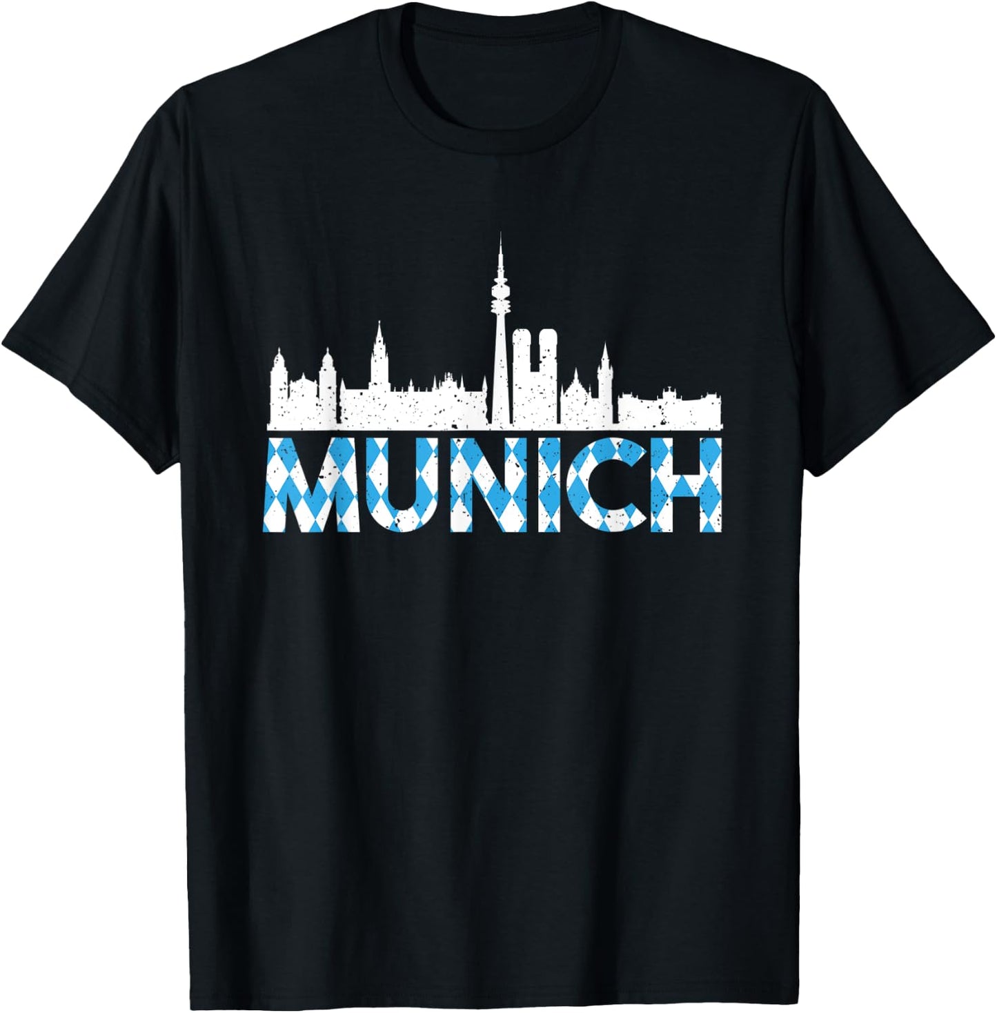 Vintage Munich Germany Skyline With Traditional Bavaria Flag T-Shirt - T-Shirt | Black