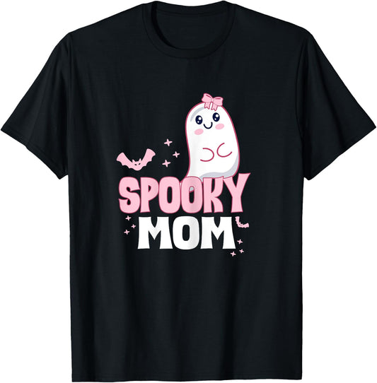 Spooky Mom Family Cute Pink White Ghost Boo Halloween T-Shirt - T-Shirt | Black