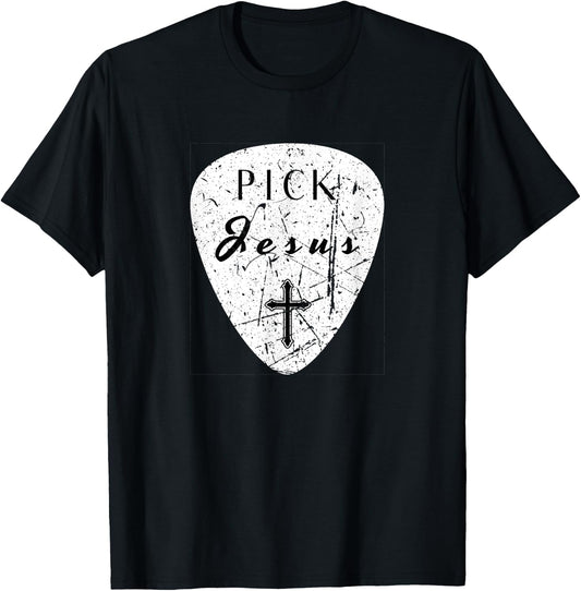Retro Guitar Pick Pun Pick Jesus Cross Worship Leader Music T-Shirt - T-Shirt | Black