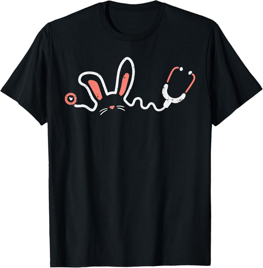 Easter Bunny Stethoscope Nurse Doctor Rabbit Scrub Top Women T-Shirt - T-Shirt | Black