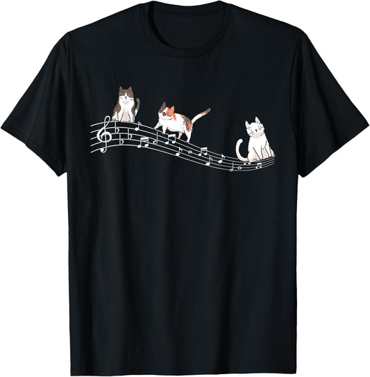 Cute Cat Kitty Playing Music Note Clef Gift Cat Music Notes T-Shirt - T-Shirt | Black