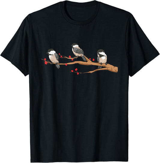 Chickadee Bird Chickadees On Branch Birding T-Shirt - T-Shirt | Black