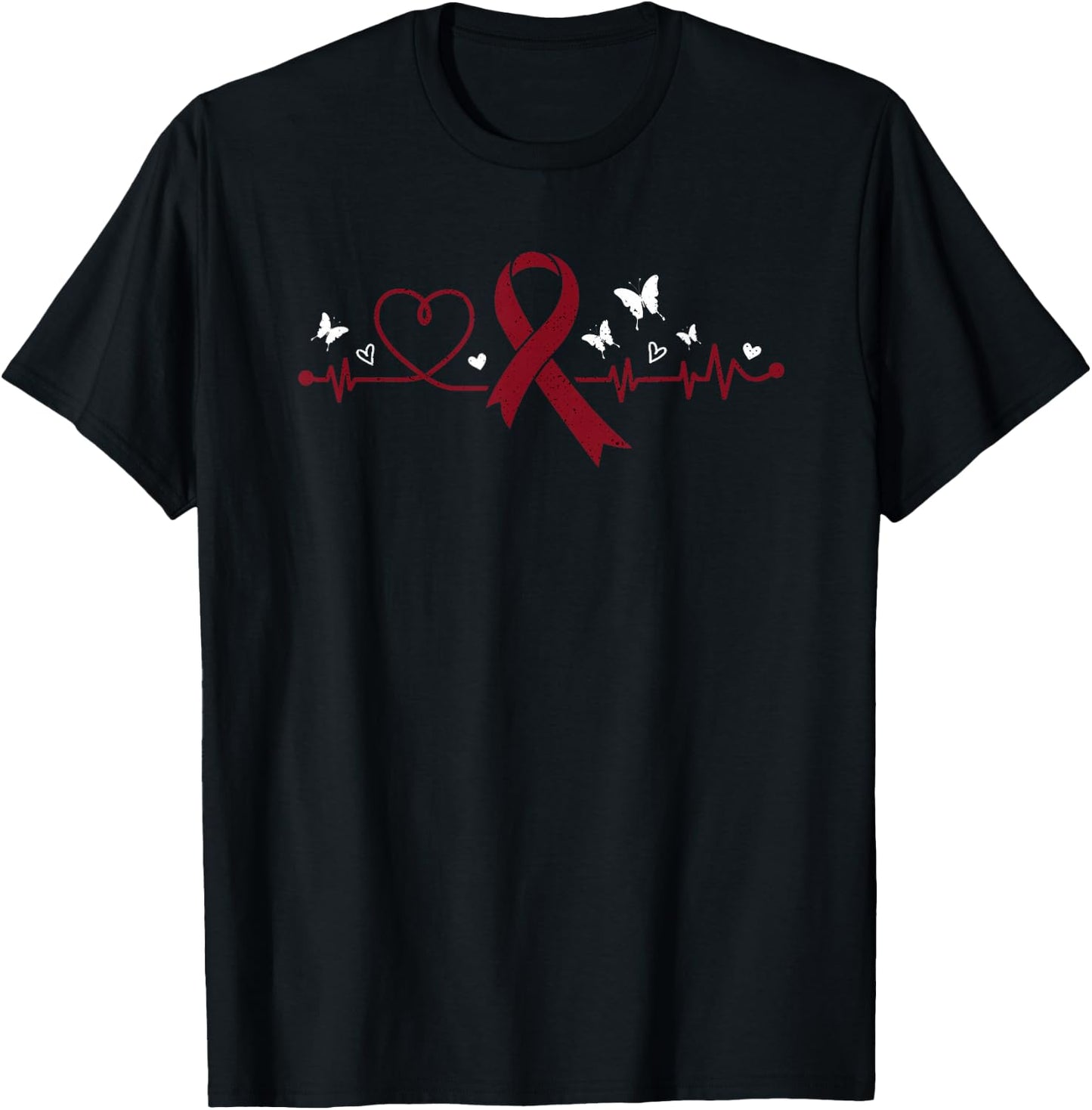 Multiple Myeloma Heartbeat Burgundy Ribbon Cancer Awareness T-Shirt - T-Shirt | Black