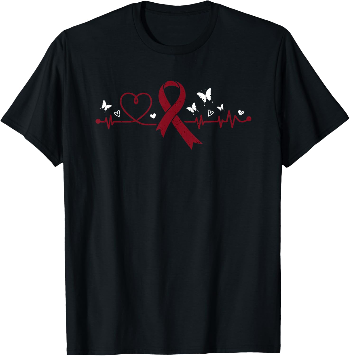 Multiple Myeloma Heartbeat Burgundy Ribbon Cancer Awareness T-Shirt - T-Shirt | Black