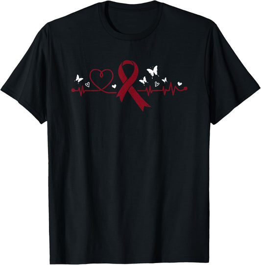 Multiple Myeloma Heartbeat Burgundy Ribbon Cancer Awareness T-Shirt - T-Shirt | Black