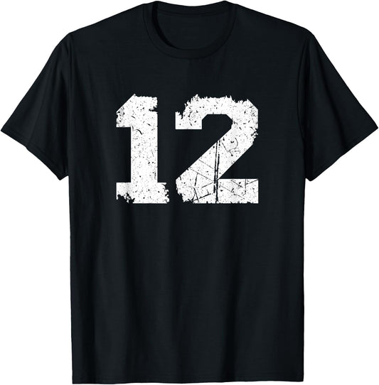 Number #12 Sports Jersey Vintage Torn White Lucky Number T-Shirt - T-Shirt | Black