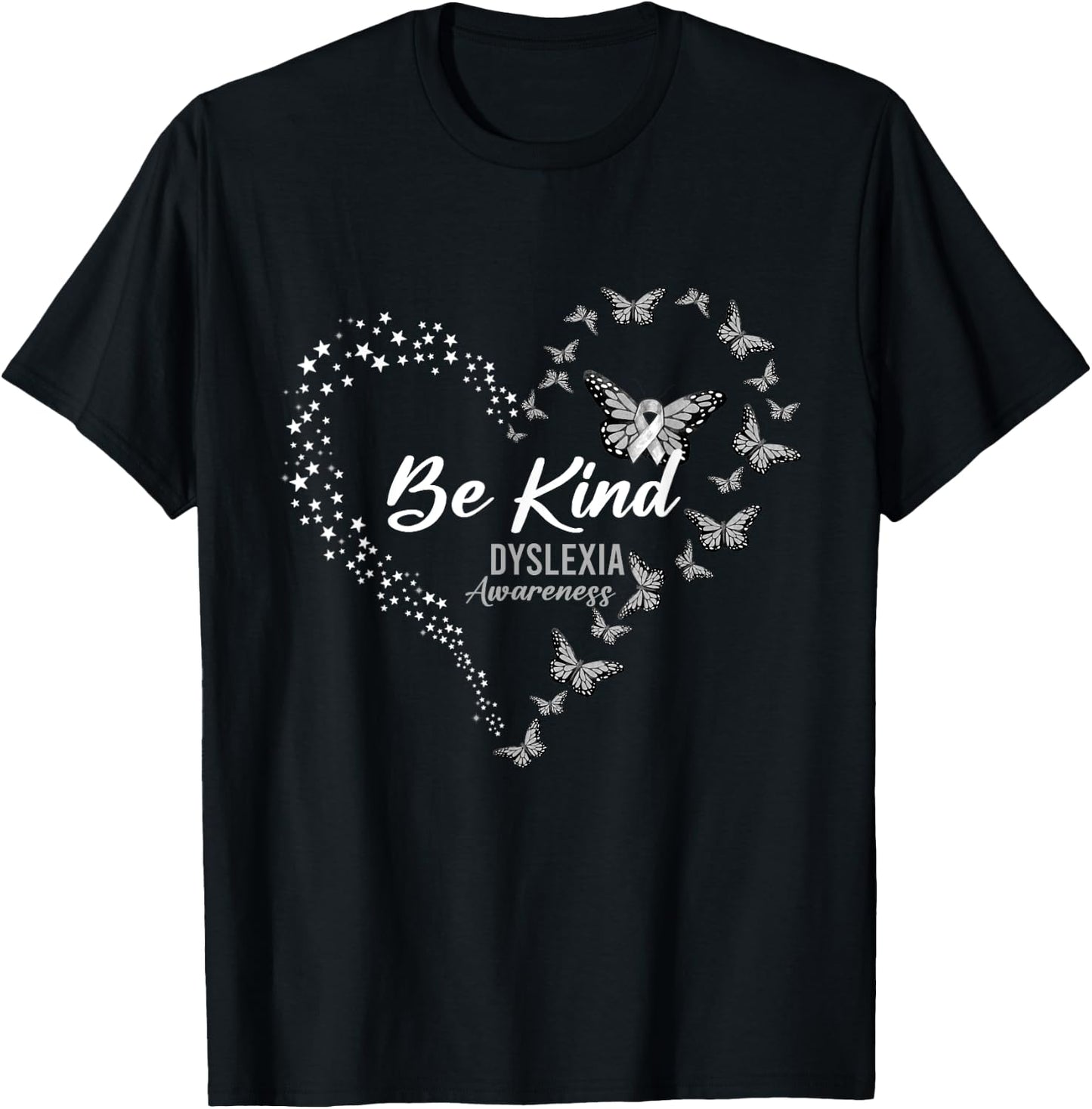 Butterfly Be Kind Gray Ribbon Dyslexia Awareness T-Shirt - T-Shirt | Black