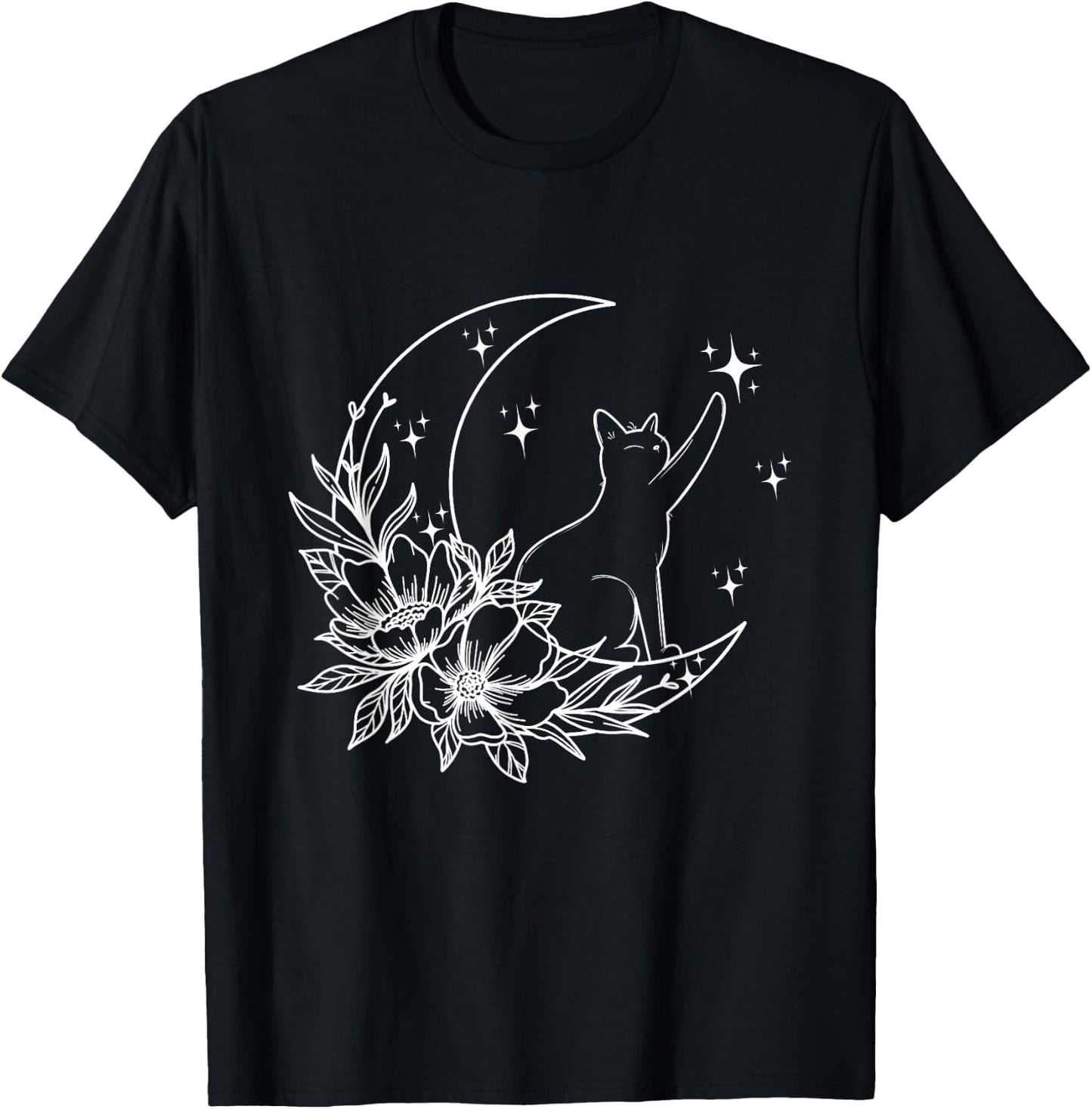 Crescent Moon Cat Star Mystical Celestial Women Girls Kids T-Shirt - T-Shirt | Black