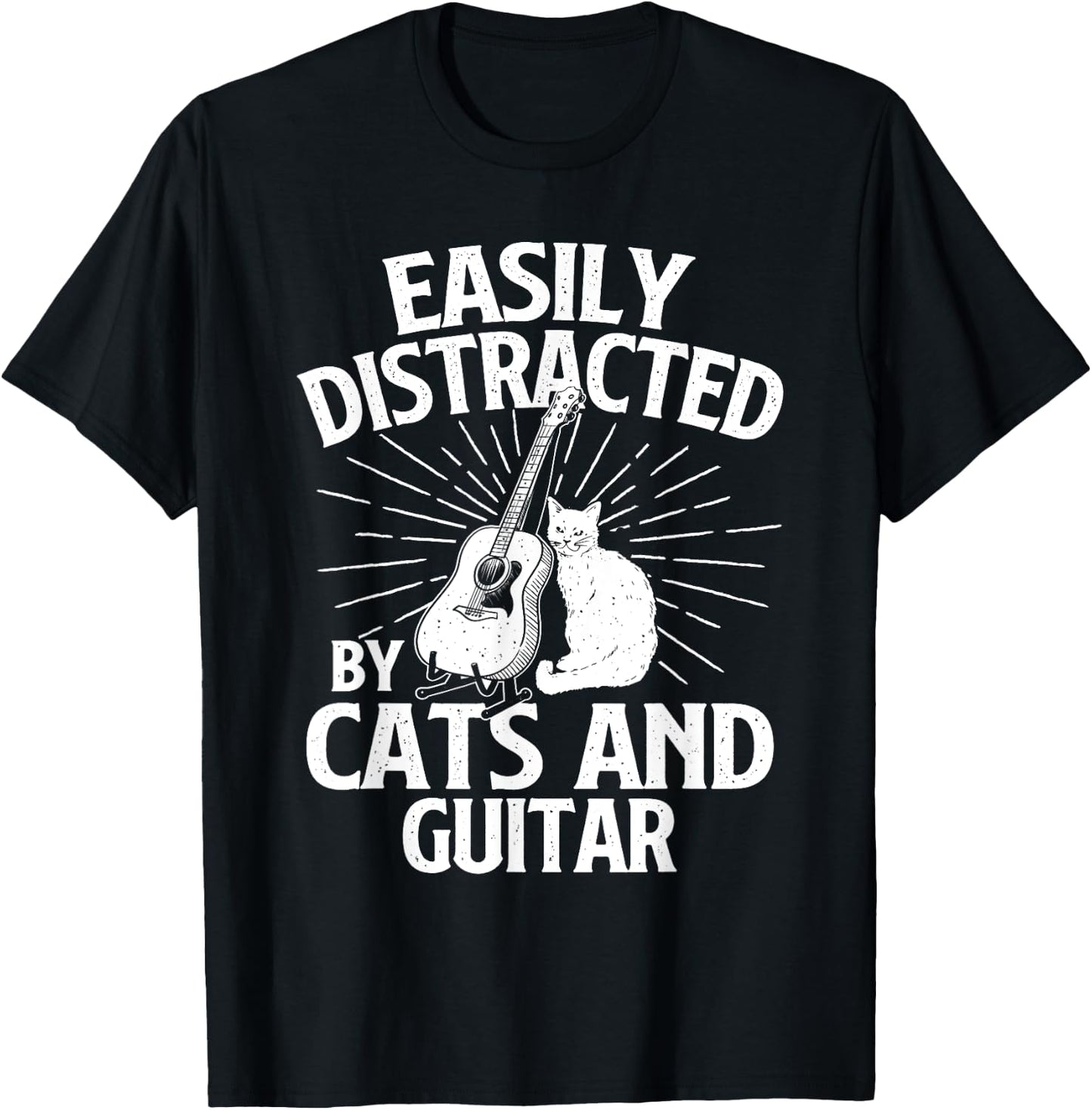 Easily Distracted By Cats And Guitar - Music Animal Lover T-Shirt - T-Shirt | Black