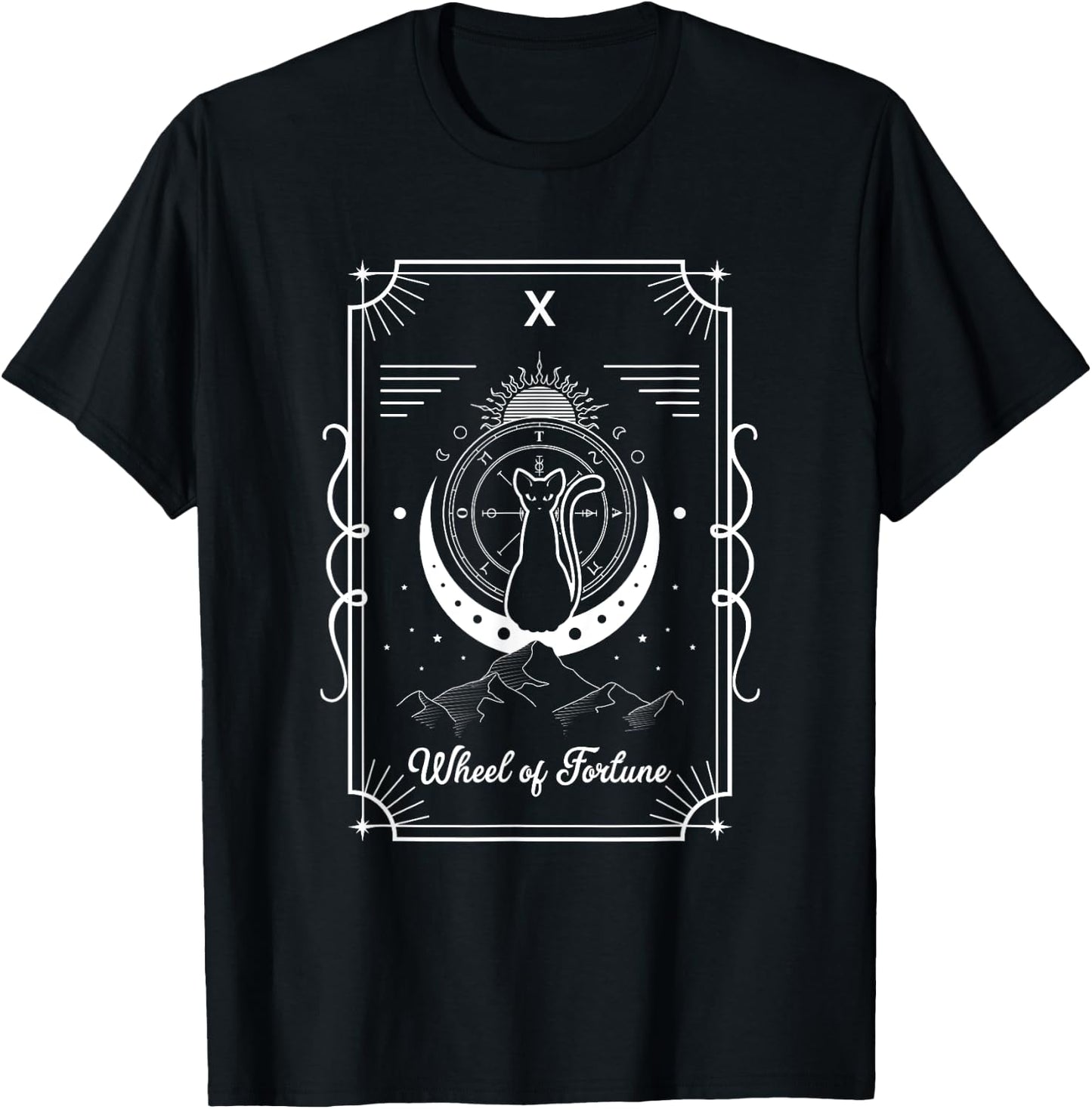 Gothic Astrology Occult Cat Tarot Card Wheel Of Fortune T-Shirt - T-Shirt | Black