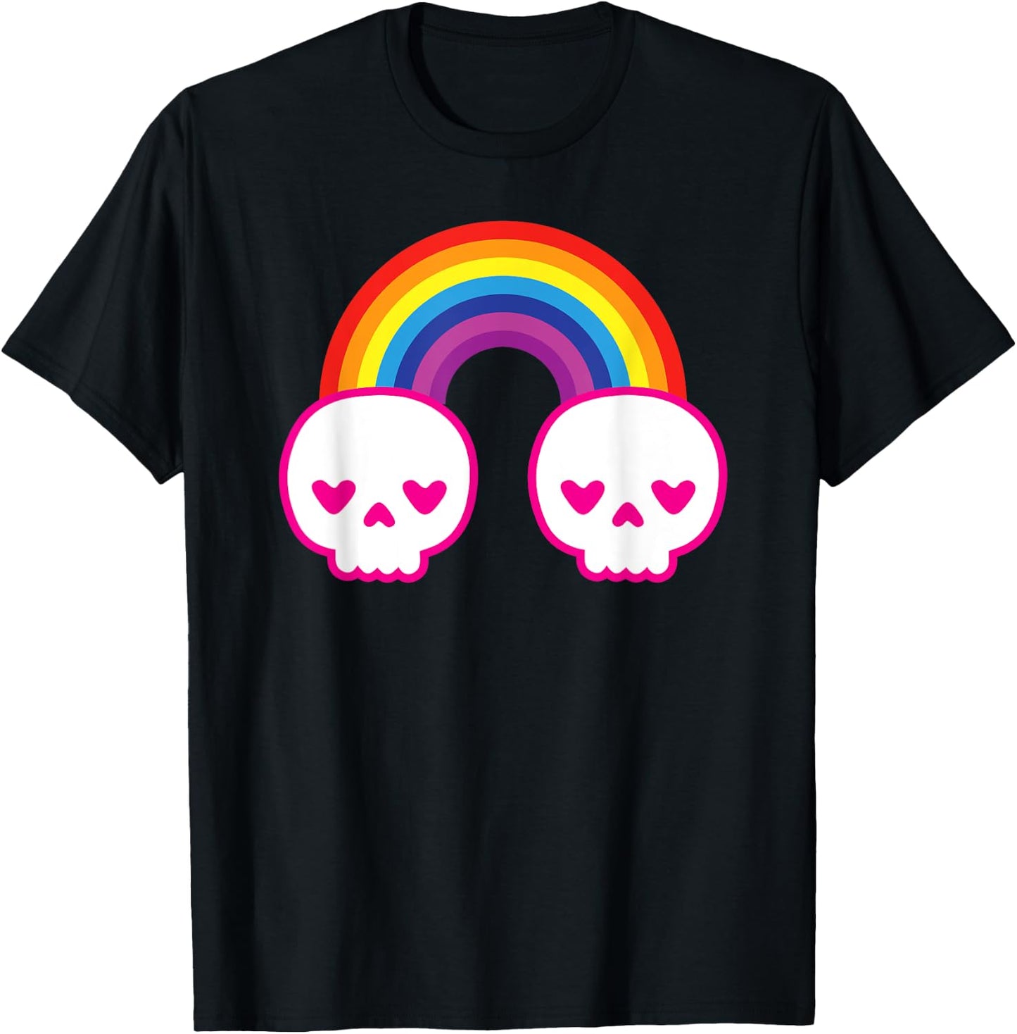 Colorful Kawaii Cute Rainbow Skulls with Heart Shape Eyes T-Shirt - T-Shirt | Black