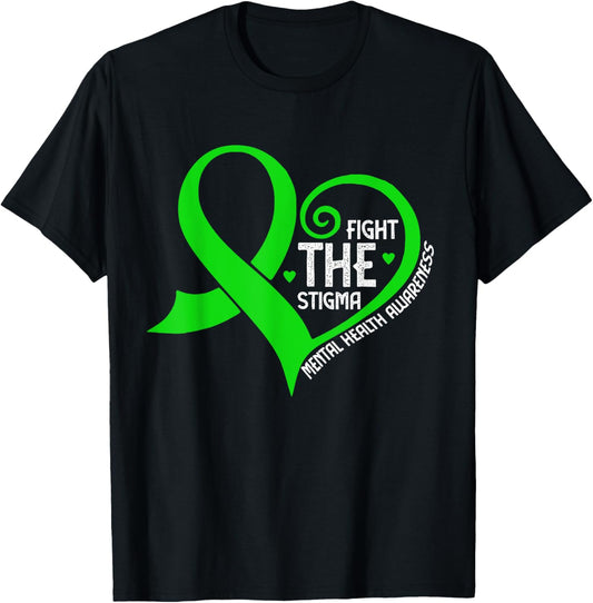 Fight the Stigma Heart Green Ribbon Mental Health Awareness T-Shirt - T-Shirt | Black